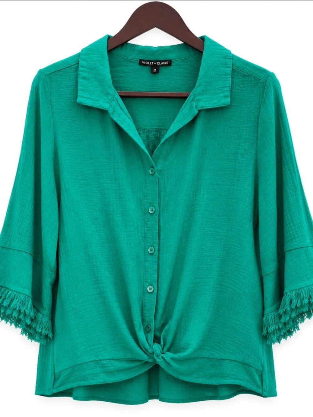 Boho Chic Green Front Twist Knot Boho Fringe Cuffed Top Sz Lg
